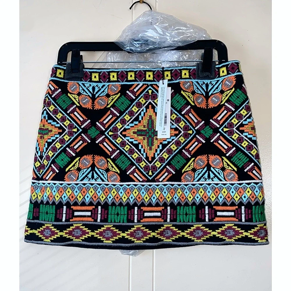 Alice + Olivia Elana Embroidered Green Orange Multicolored Mini Skirt